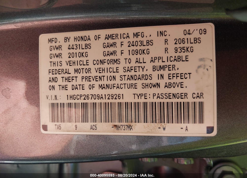 2009 HONDA ACCORD 2.4 EX VIN: 1HGCP26709A129261