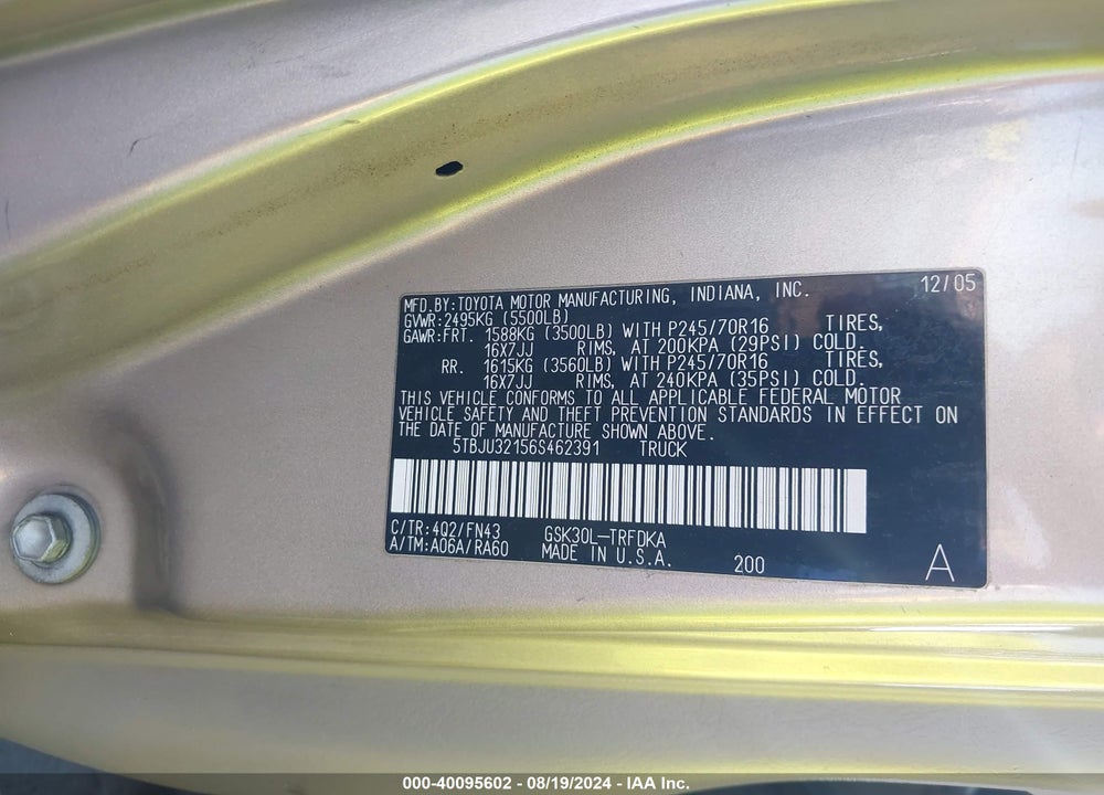 2006 TOYOTA TUNDRA VIN: 5TBJU32156S462391