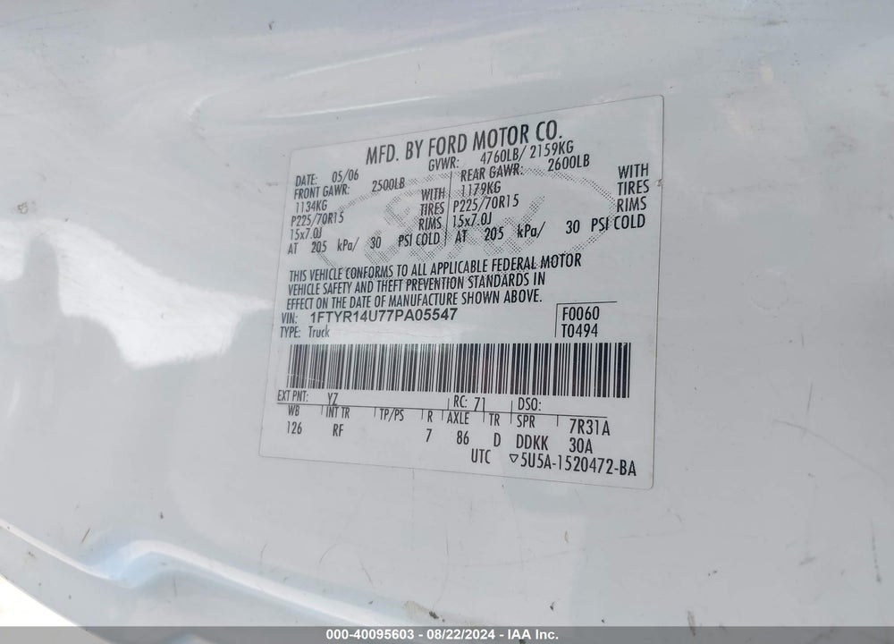 2007 FORD RANGER SPORT/STX/XL/XLT VIN: 1FTYR14U77PA05547