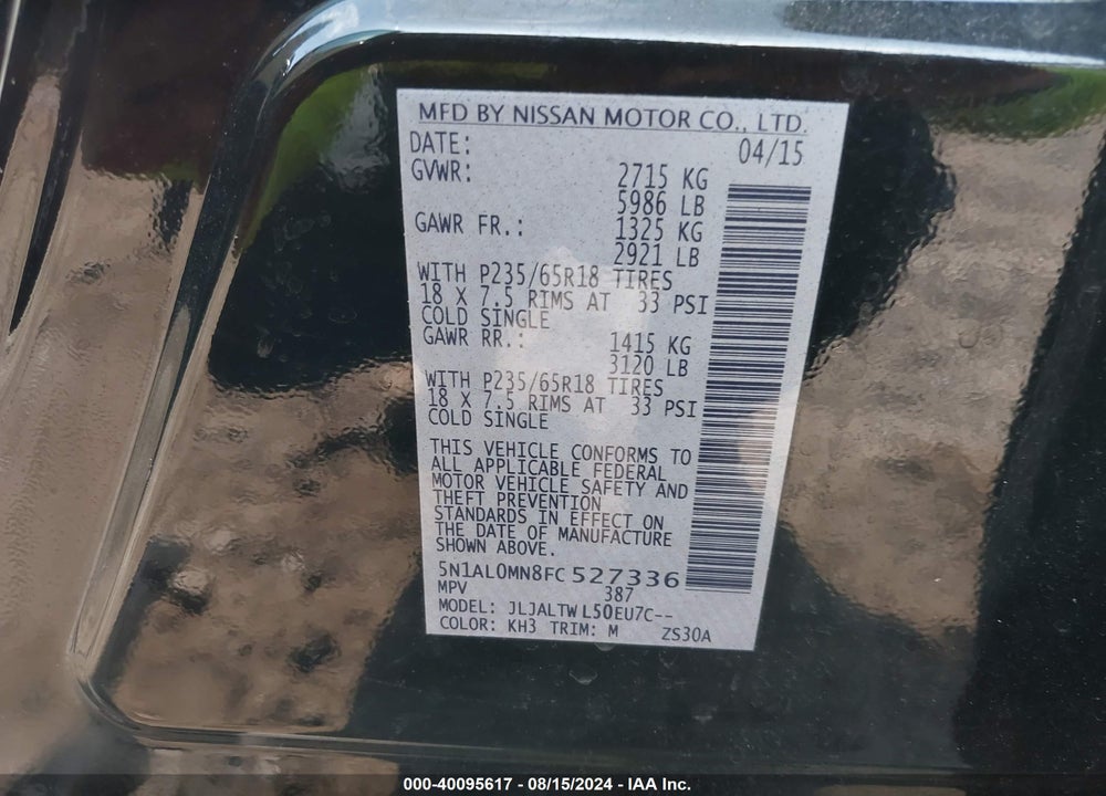 2015 INFINITI QX60 VIN: 5N1AL0MN8FC527336