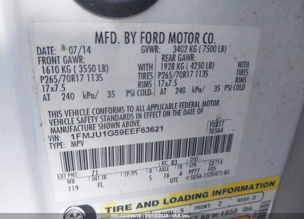 2014 FORD EXPEDITION XL VIN: 1FMJU1G59EEF63621