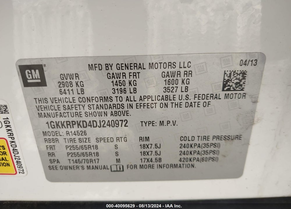 2013 GMC ACADIA SLE-2 VIN: 1GKKRPKD4D1240972