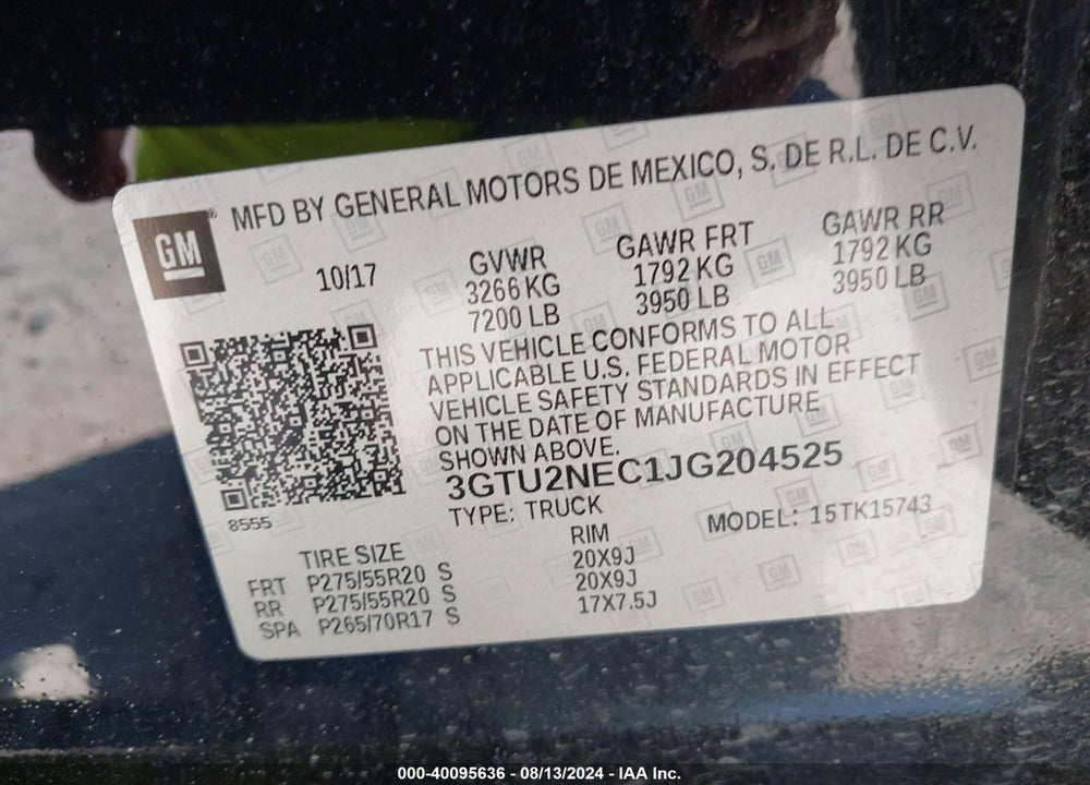 2018 GMC SIERRA 1500 SLT VIN: 3GTU2NEC1JG204525