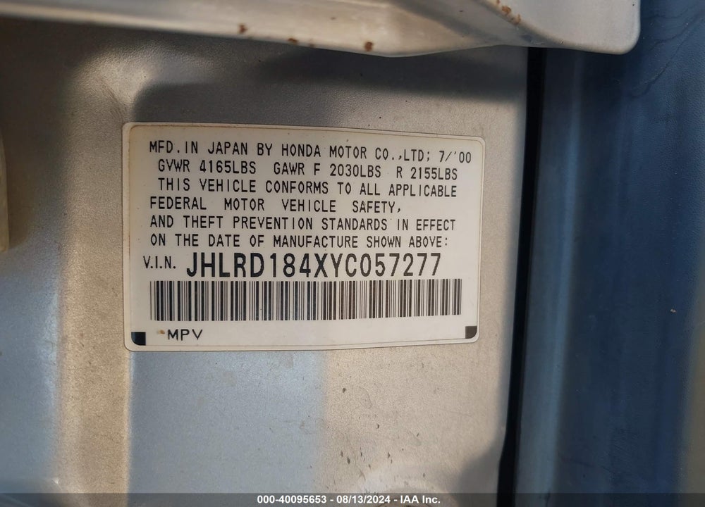 2000 HONDA CR-V LX VIN: JHLRD184XYC057277