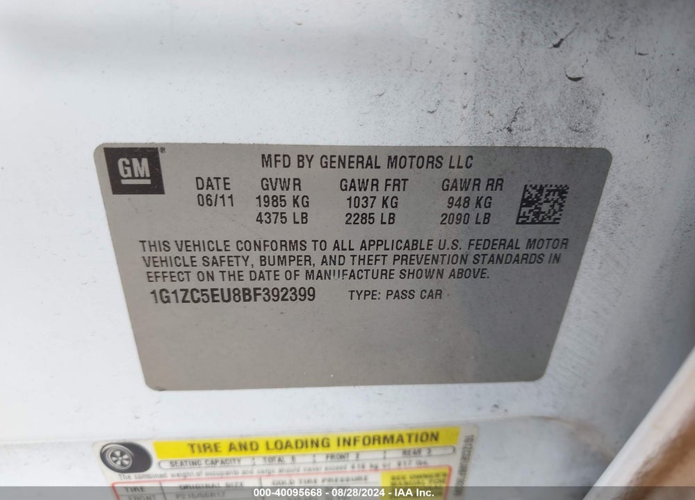 2011 CHEVROLET MALIBU VIN: 1G1ZC5EU8BF392399