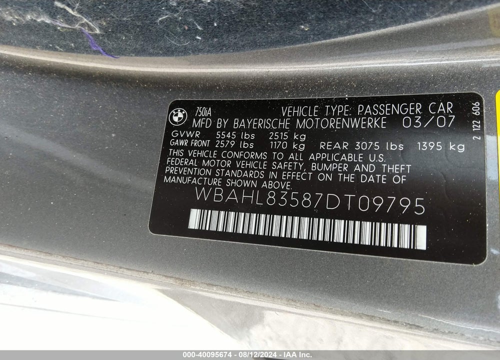 2007 BMW 750I VIN: WBAHL83587DT09795