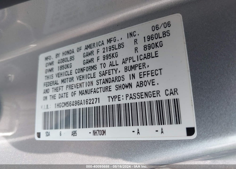 2006 HONDA ACCORD 2.4 LX VIN: 1HGCM56496A162271