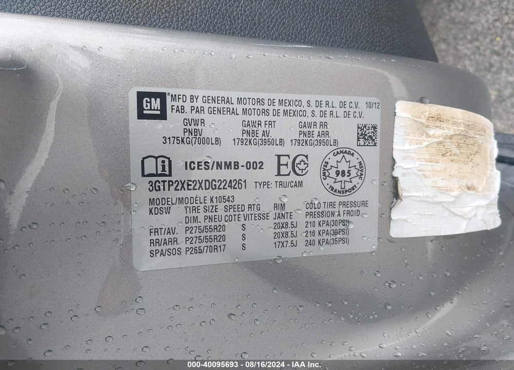 2013 GMC SIERRA 1500 DENALI VIN: 3GTP2XE2XDG224261