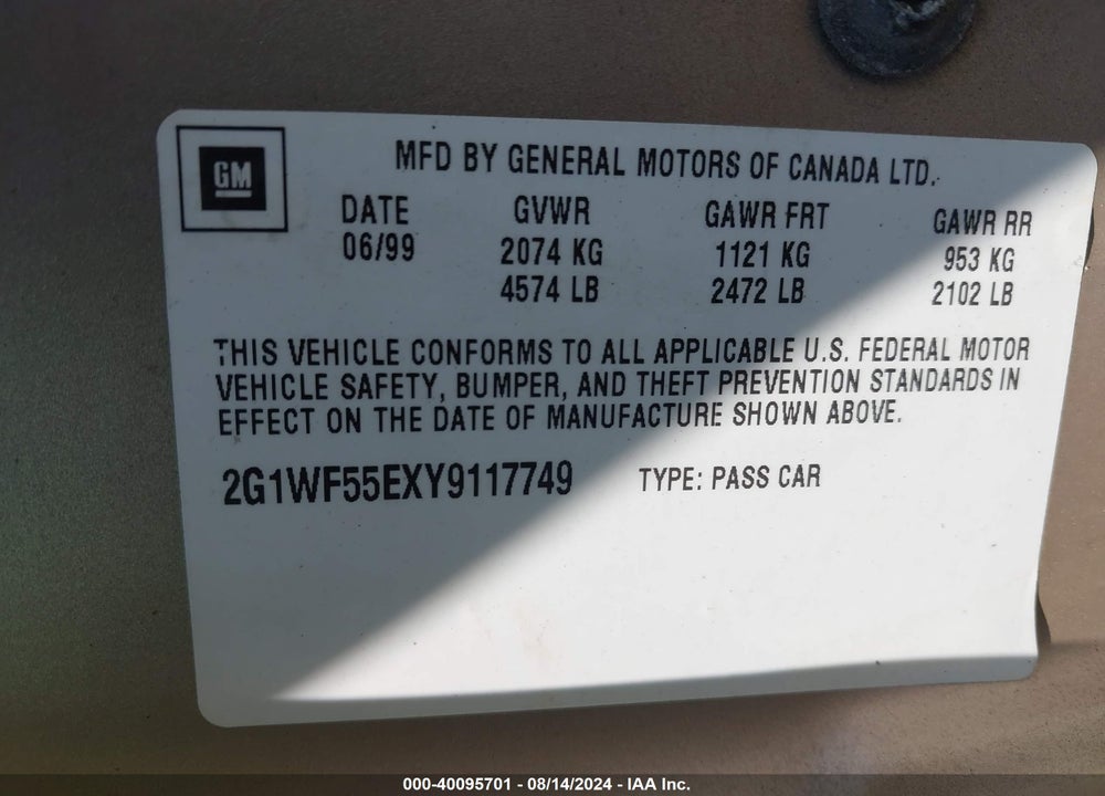 2000 CHEVROLET IMPALA VIN: 2G1WF55EXY9117749