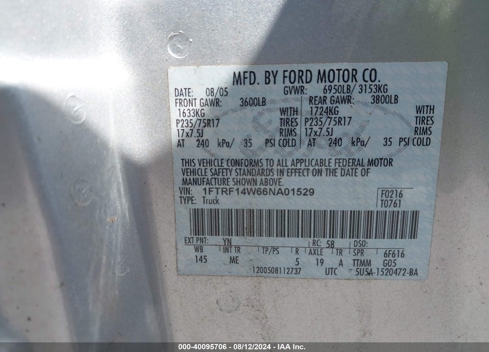 2006 FORD F-150 STX/XL/XLT VIN: 1FTRF14W66NA01529
