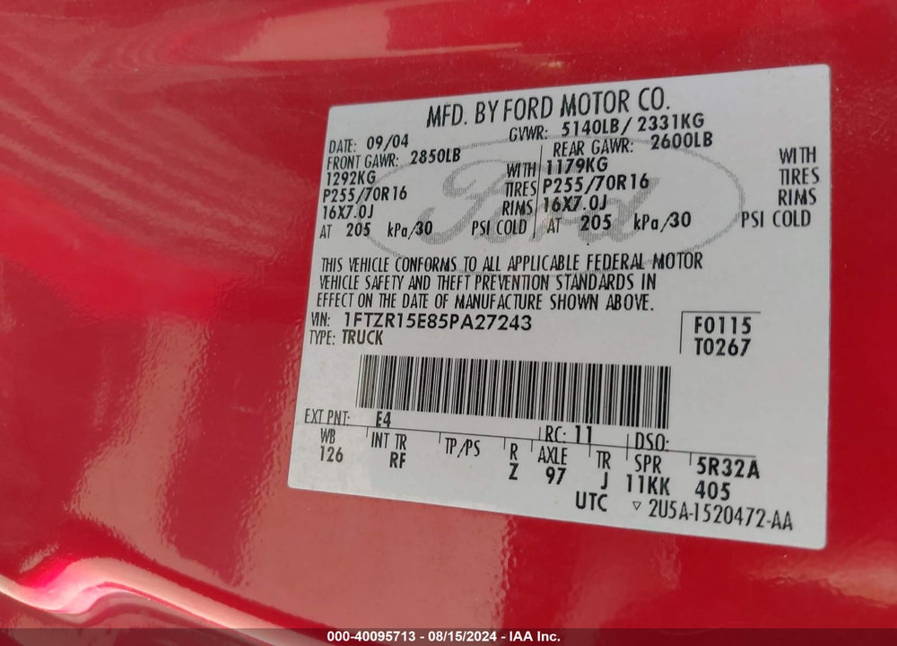 2005 FORD RANGER EDGE/XL/XLT VIN: 1FTZR15E85PA27243