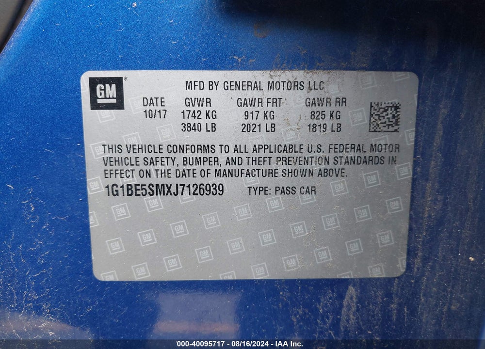 2018 CHEVROLET CRUZE LT AUTO VIN: 1G1BE5SMXJ7126939