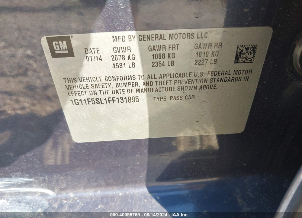 2015 CHEVROLET MALIBU 1LZ VIN: 1G11F5SL1FF131895