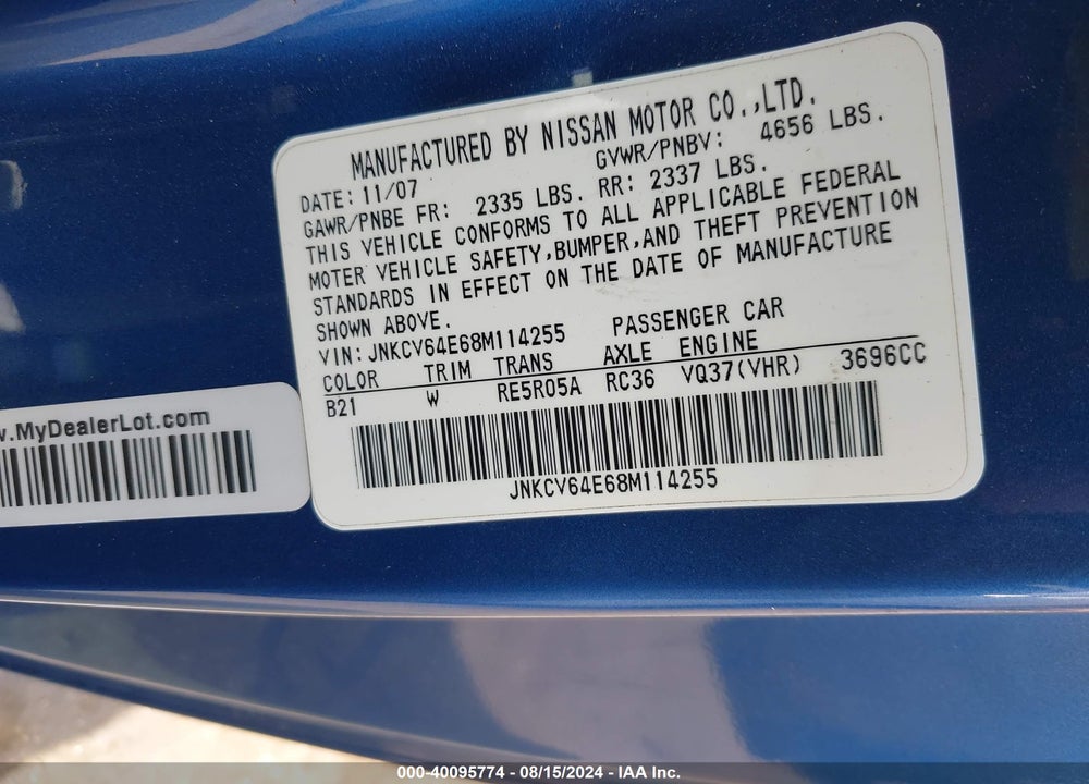 2008 INFINITI G37 JOURNEY VIN: JNKCV64E68M114255