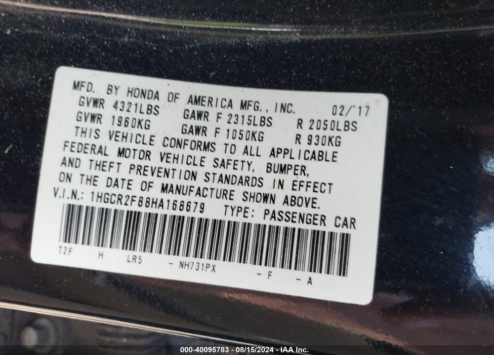 2017 HONDA ACCORD EX-L VIN: 1HGCR2F88HA168679