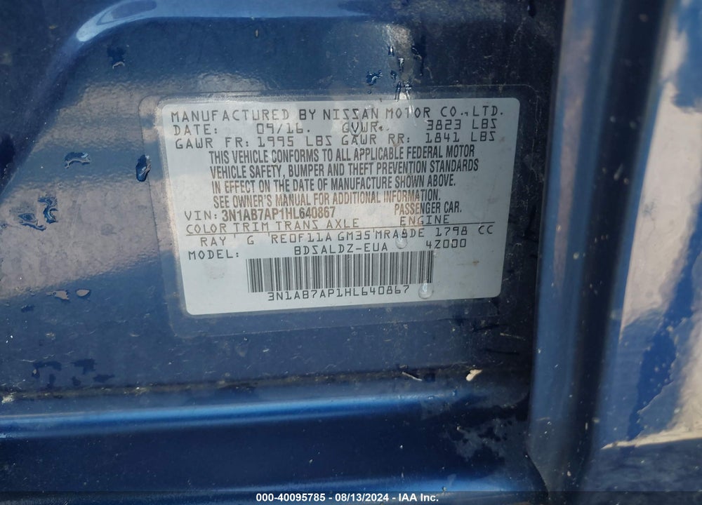 2017 NISSAN SENTRA SV VIN: 3N1AB7AP1HL640867