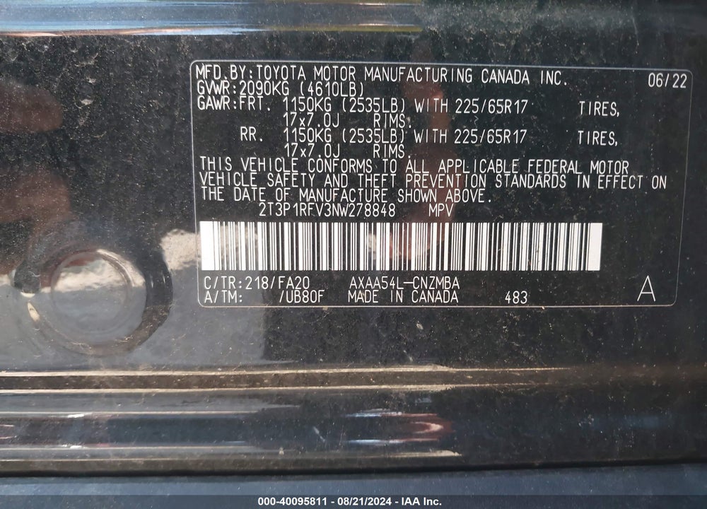 2022 TOYOTA RAV4 XLE VIN: 2T3P1RFV3NW278848