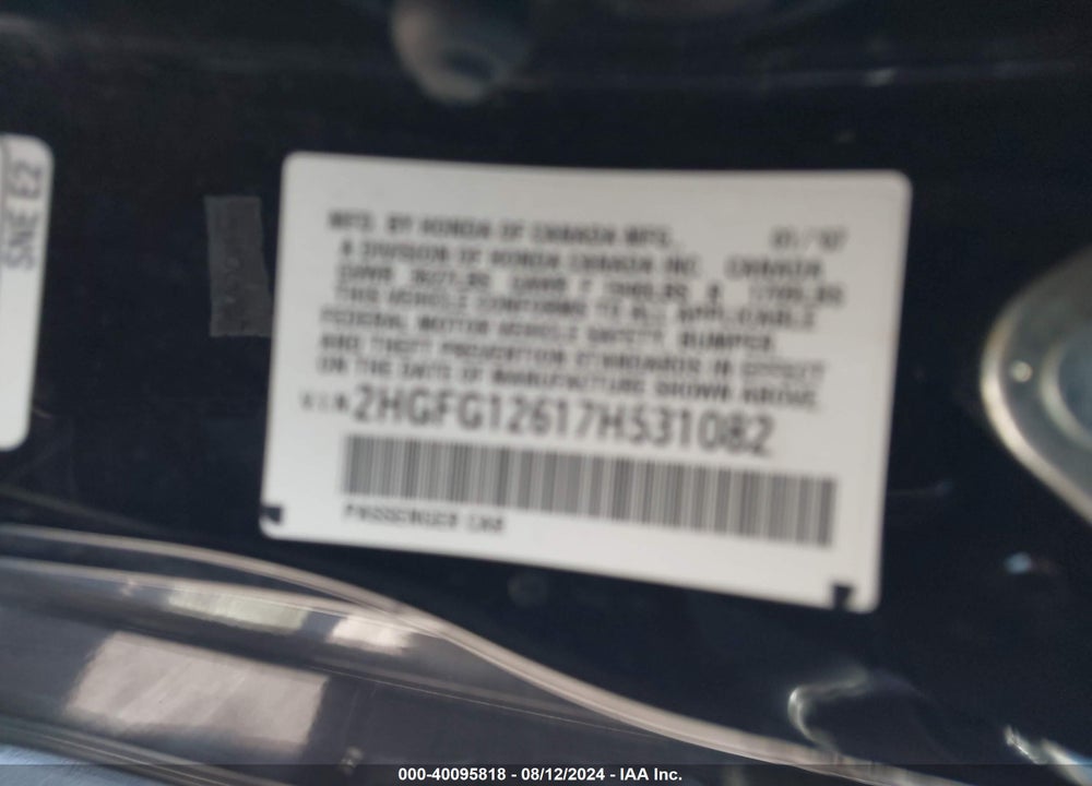 2007 HONDA CIVIC LX VIN: 2HGFG12617H531082