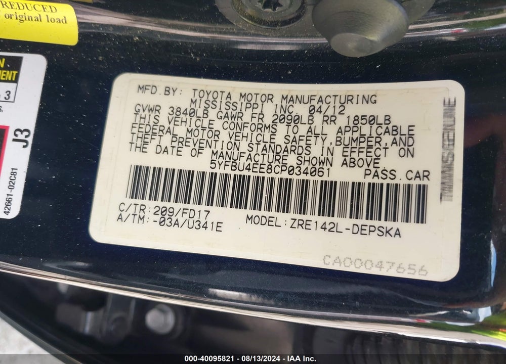 2012 TOYOTA COROLLA S VIN: 5YFBU4EE8CP034061