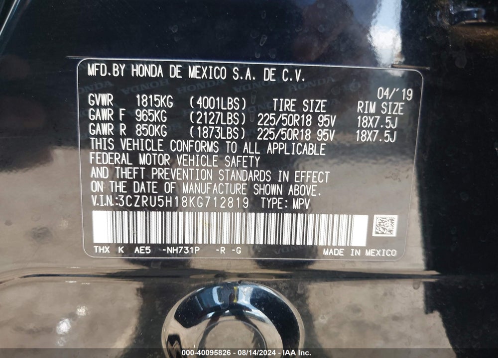 2019 HONDA HR-V SPORT VIN: 3CZRU5H18KG712819