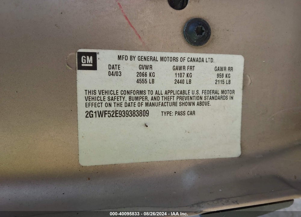 2003 CHEVROLET IMPALA VIN: 2G1WF52E939383809