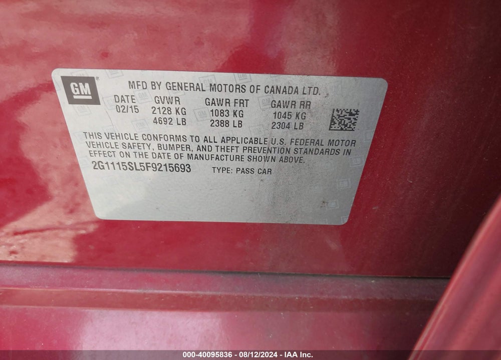 2015 CHEVROLET IMPALA VIN: 2G1115SL5F9215693