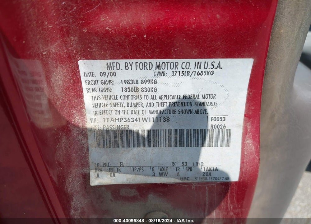 2001 FORD FOCUS SE VIN: 1FAHP36341W111138