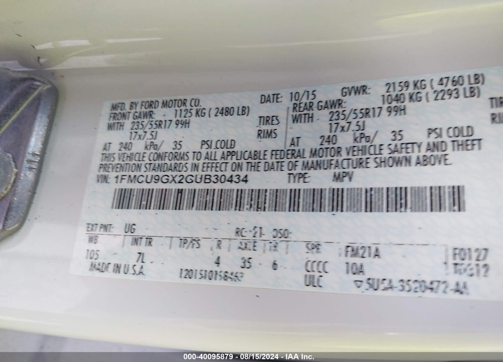 2016 FORD ESCAPE SE VIN: 1FMCU9GX2GUB30434