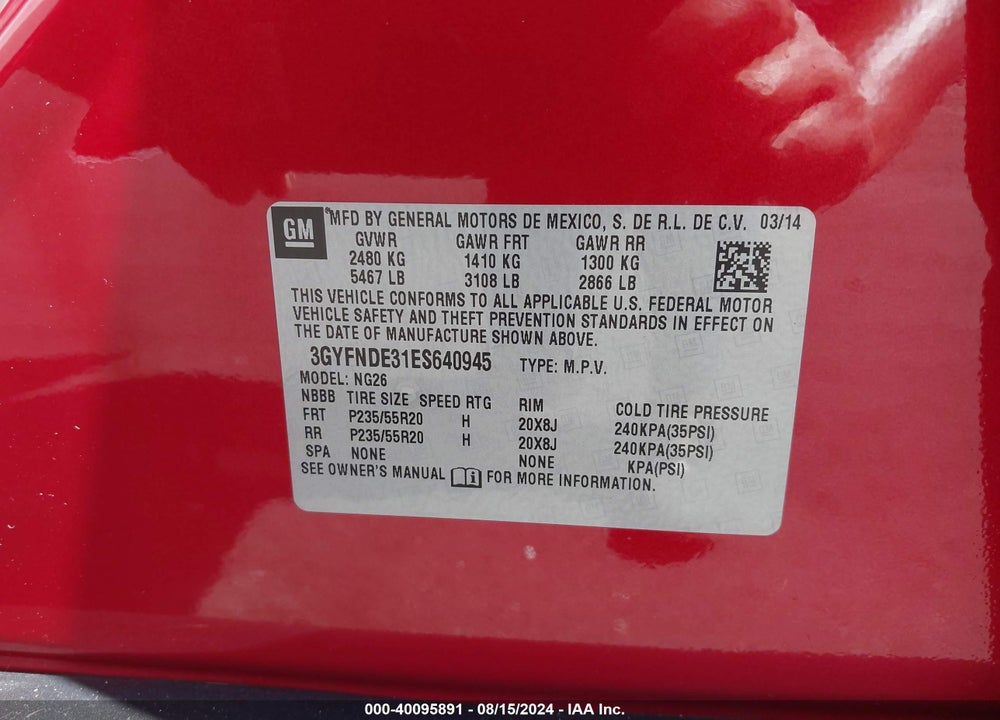 2014 CADILLAC SRX PREMIUM COLLECTION VIN: 3GYFNDE31ES640945