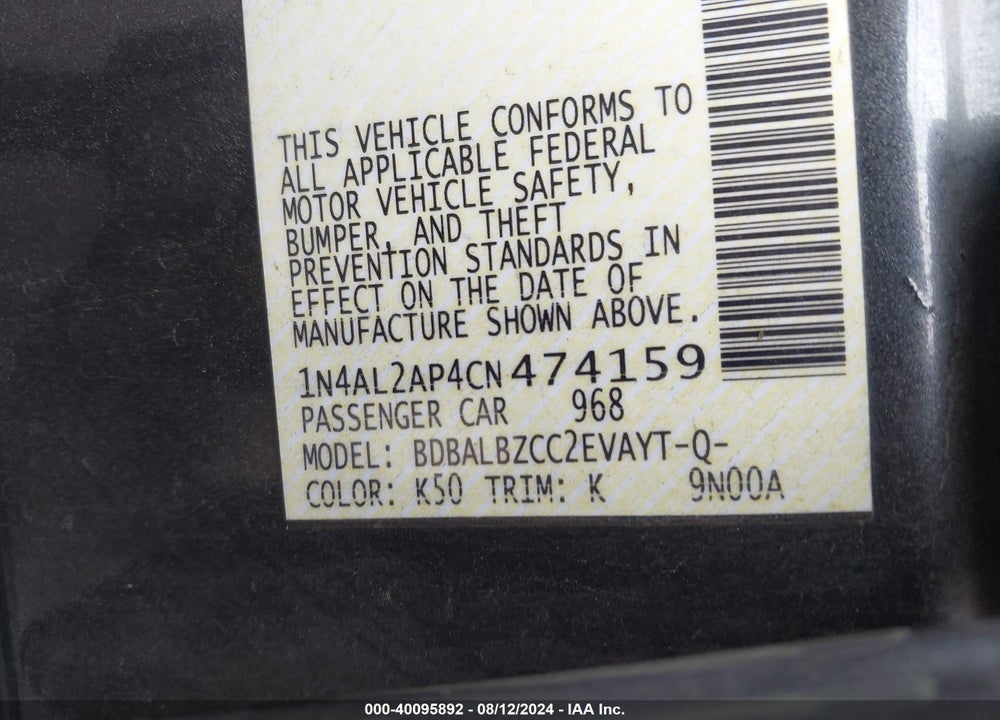2012 NISSAN ALTIMA 2.5 S VIN: 1N4AL2AP4CN474159