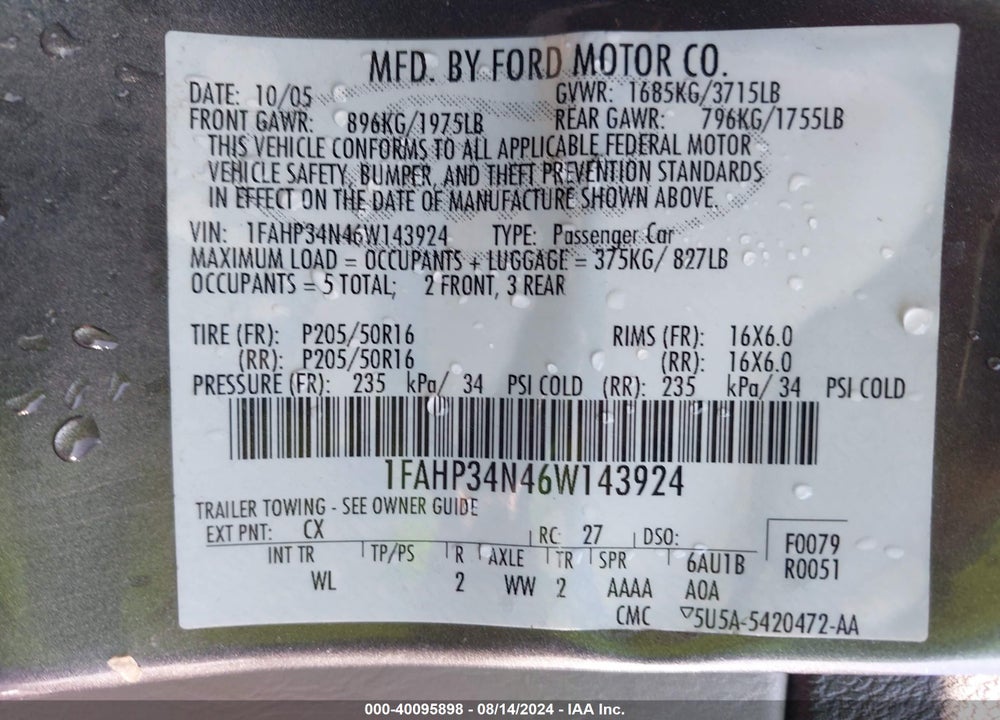 2006 FORD FOCUS SE/ZX4 VIN: 1FAHP34N46W143924