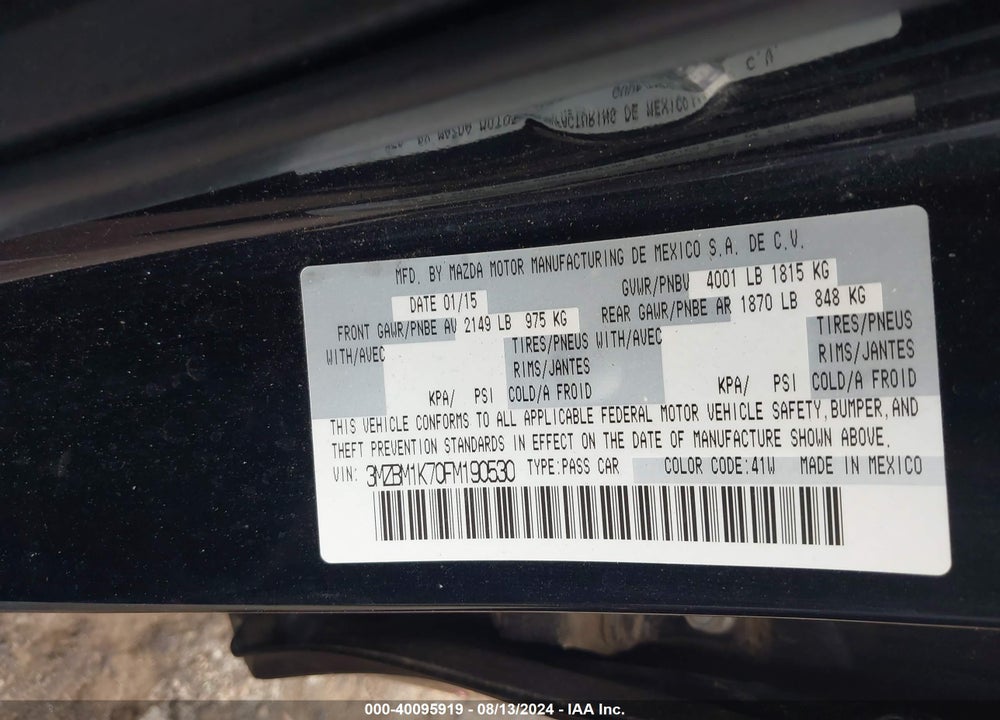 2015 MAZDA 3 I SPORT VIN: 3MZBM1K70FM190530