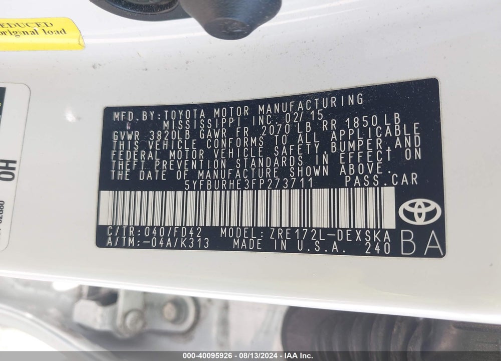 2015 TOYOTA COROLLA S PLUS VIN: 5YFBURHE3FP273711