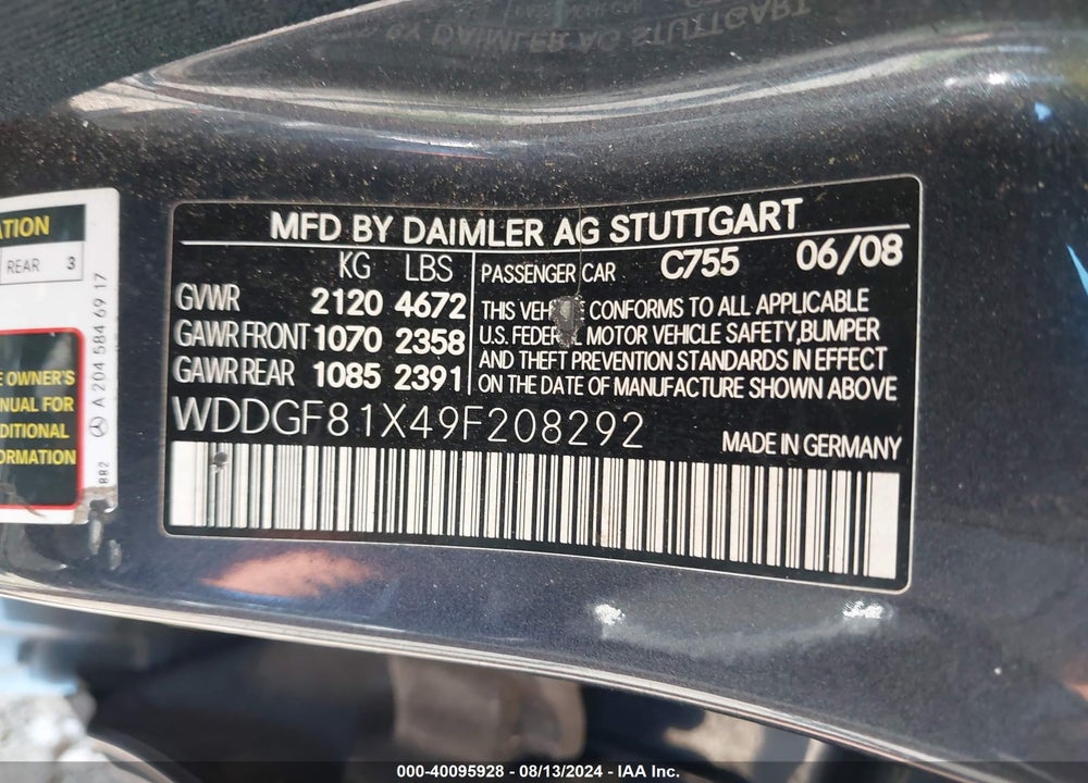 2009 MERCEDES-BENZ C 300 LUXURY 4MATIC/SPORT 4MATIC VIN: WDDGF81X49F208292