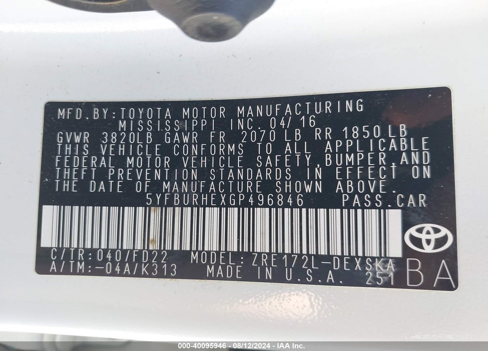 2016 TOYOTA COROLLA S PLUS VIN: 5YFBURHEXGP496846