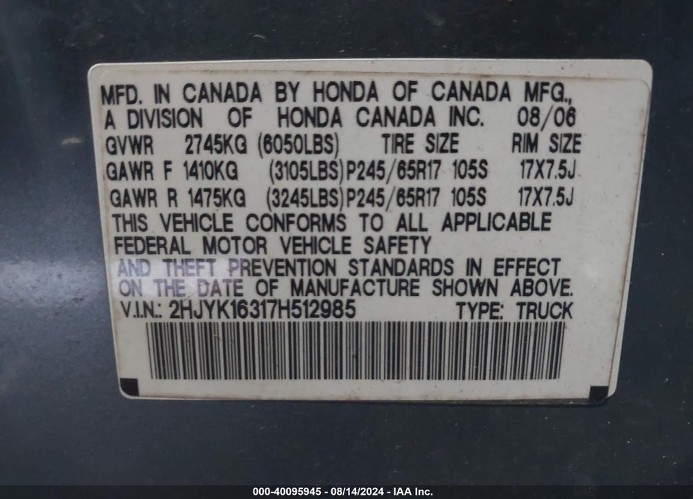 2007 HONDA RIDGELINE RTX VIN: 2HJYK16317H512985
