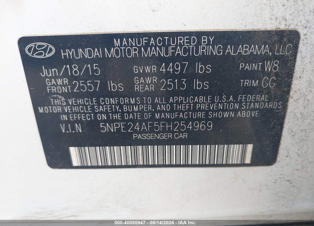 2015 HYUNDAI SONATA SE VIN: 5NPE24AF5FH254969