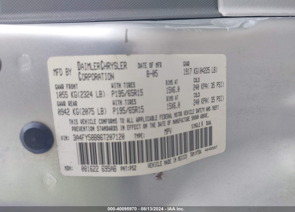 2006 CHRYSLER PT CRUISER TOURING VIN: 3A4FY58B86T207120