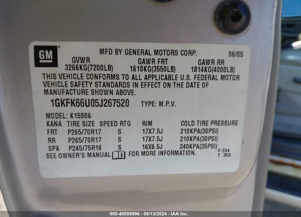 2005 GMC YUKON XL 1500 DENALI VIN: 1GKFK66U05J267520