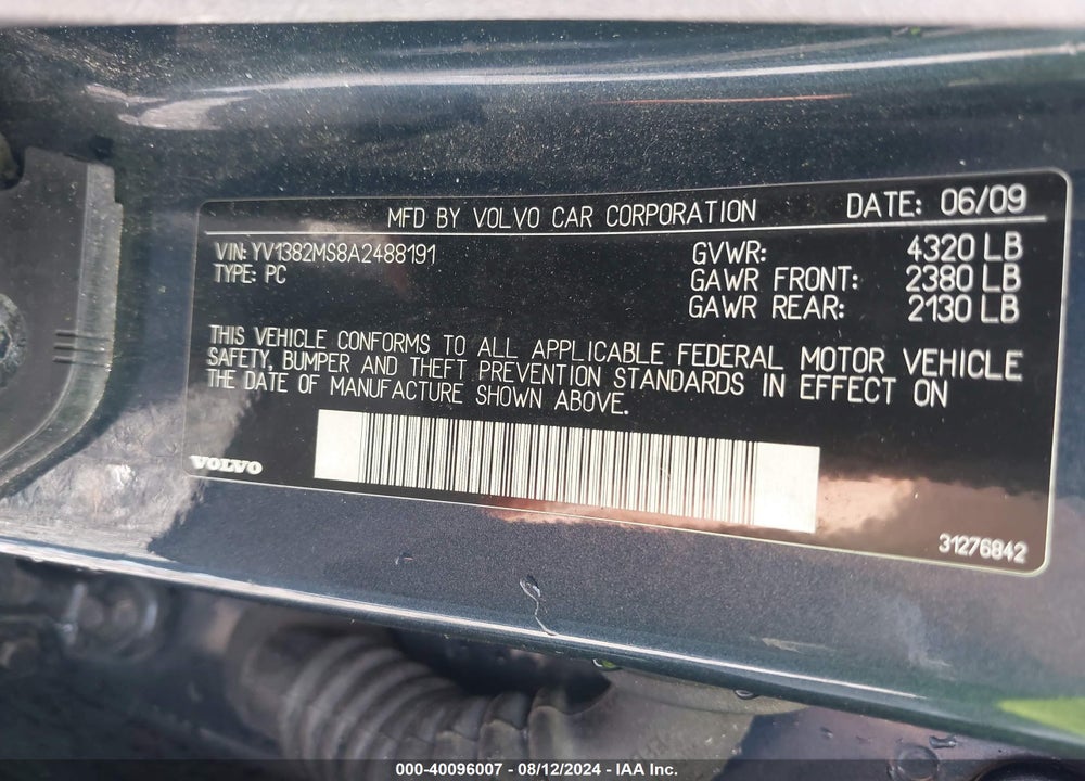 2010 VOLVO S40 2.4I VIN: YV1382MS8A2488191