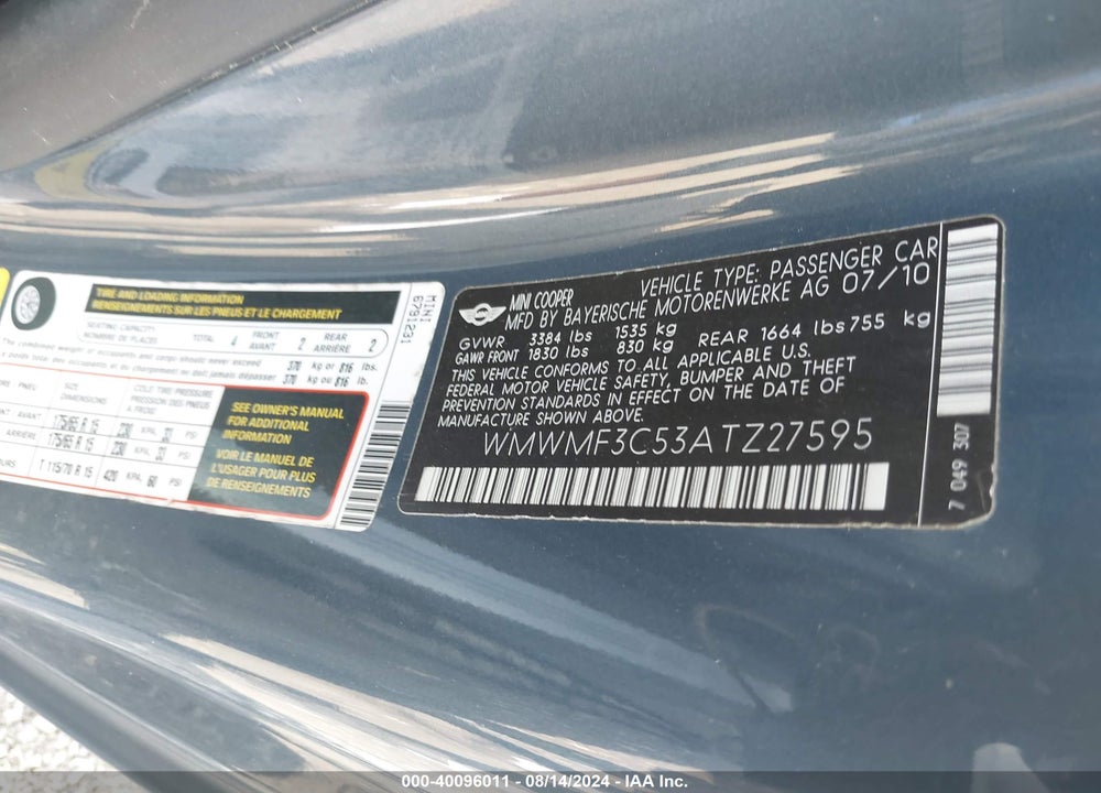 2010 MINI COOPER VIN: WMWMF3C53ATZ27595