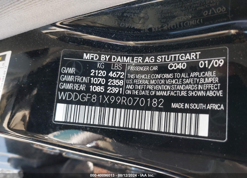 2009 MERCEDES-BENZ C 300 LUXURY 4MATIC/SPORT 4MATIC VIN: WDDGF81X99R070182