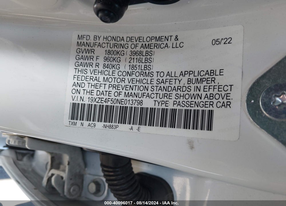 2022 HONDA INSIGHT EX VIN: 19XZE4F50NE013798