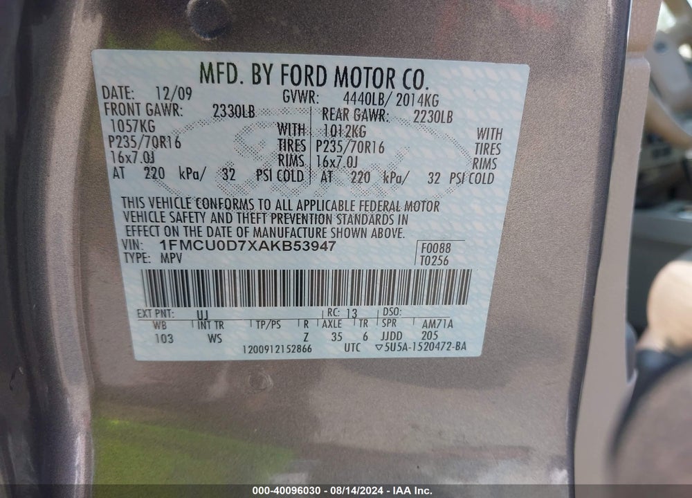 2010 FORD ESCAPE XLT VIN: 1FMCU0D7XAKB53947