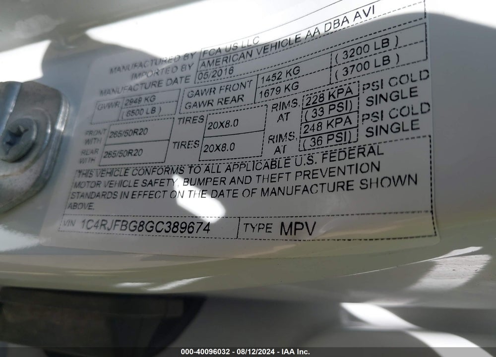2016 JEEP GRAND CHEROKEE LIMITED VIN: 1C4RJFBG8GC389674