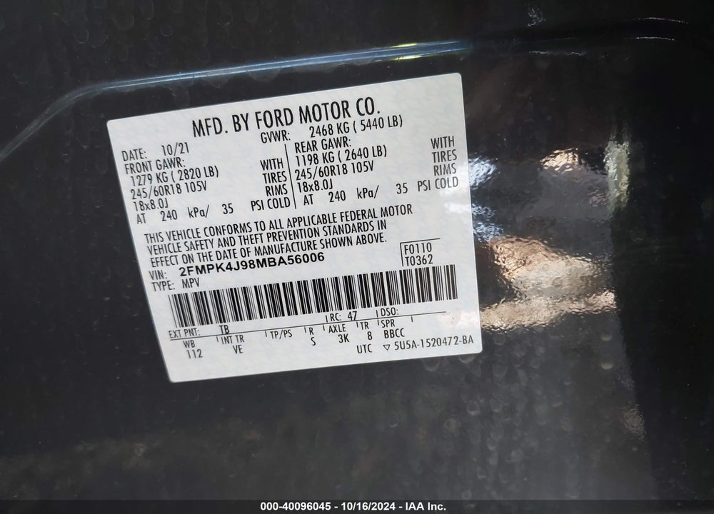 2021 FORD EDGE SEL VIN: 2FMPK4J98MBA56006