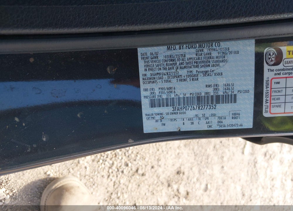 2007 FORD FUSION SE VIN: 3FAHP07Z67R277352