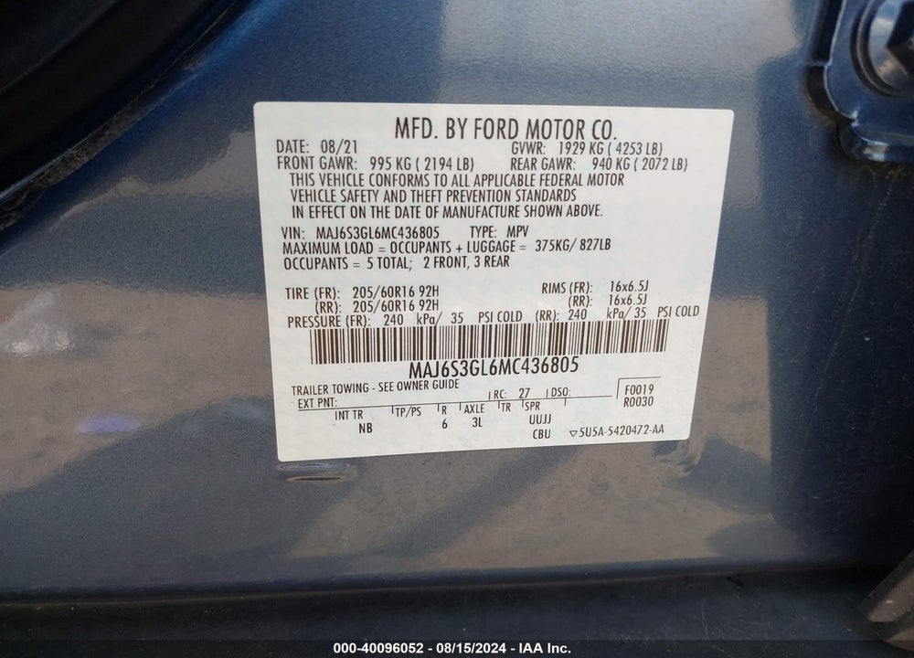 2021 FORD ECOSPORT SE VIN: MAJ6S3GL6MC436805
