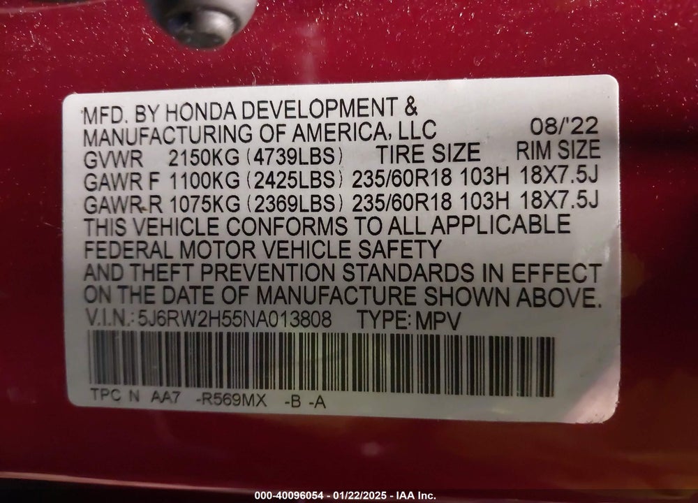 2022 HONDA CR-V AWD EX VIN: 5J6RW2H55NA013808