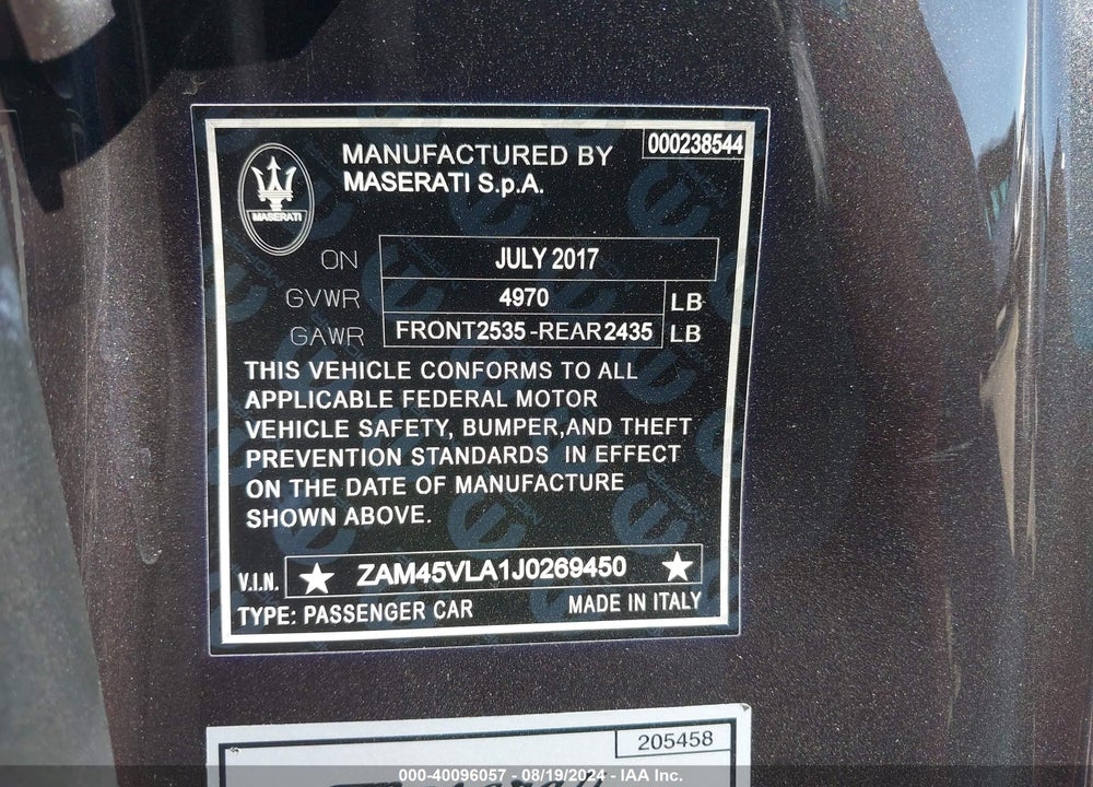 2018 MASERATI GRANTURISMO MC/SPORT VIN: ZAM45VLA1J0269450
